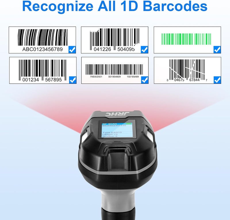 JRHC Barcode Scanner Wireless, Industrial 1D Laser Bar Code Scanners 2 in 1 Plug and Play Rugged Heavy Duty & IP65 Waterproof, Long-Distance Wireless Handheld Barcode Reader with 1.8" Screen - Image 4